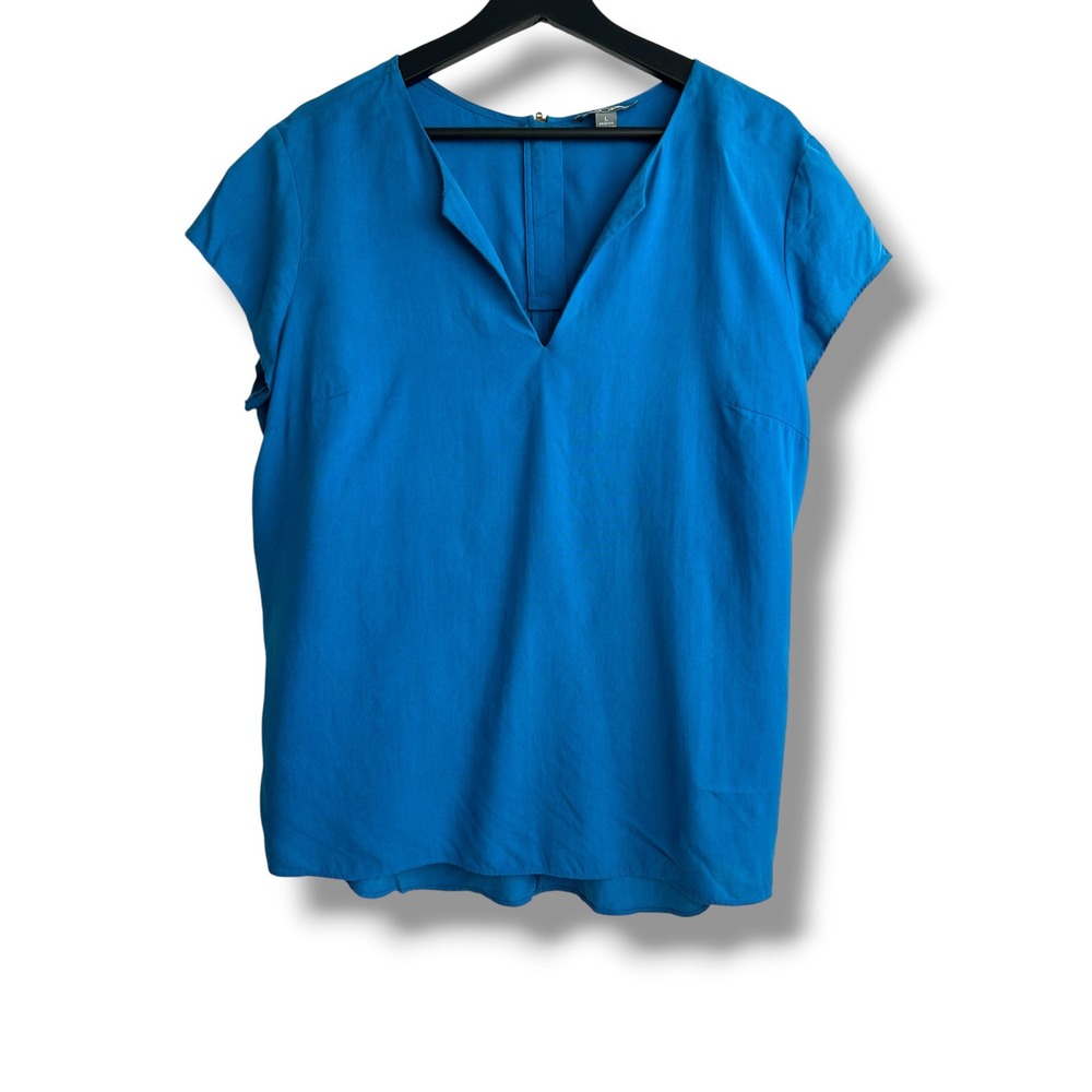 Go Silk Womens Blue‎ 100% Silk Cap Sleeve Split V-Neck Blouse Top Large Zip Back